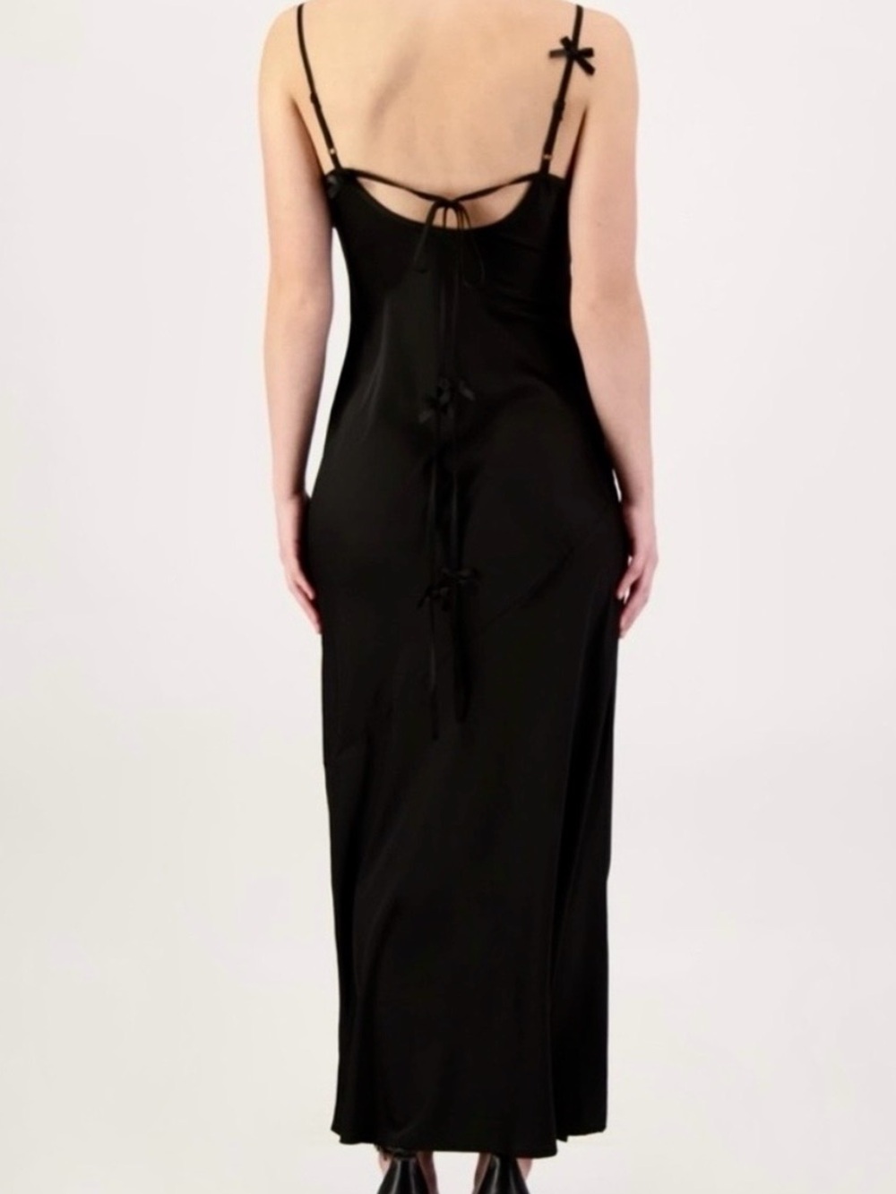Crystal Doll Black Satin Slip Dress Bow Straps Event Wedding Guest Party Glam L - Picture 2 of 10